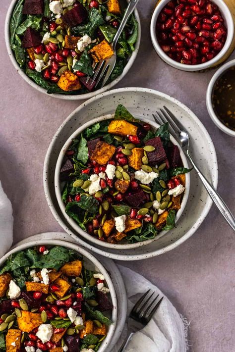 Roasted Beet and Butternut Squash Salad | Toshi's Table Vegan Goat Cheese, Spinach Feta Salad, Vegan Feta, Salad Kale, Cheese Vegan, Raw Beets, Pumpkin Salad, Butternut Squash Salad, Fresh Beets