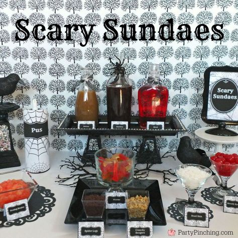 Scary Sundaes by PartyPinching.com - top your ice cream with diarrhea, earwax, blood, crunchy boogers and more! Halloween Ice Cream Party, Easy Halloween Treats, Halloween Ice Cream, Ice Cream Sunday, Ice Cream Sundae Bar, Halloween Class Party, Teen Halloween, Halloween Movie Night, Sundae Bar