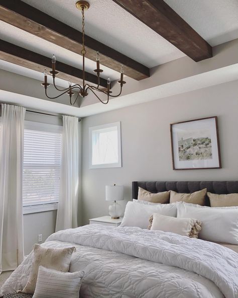 Trayed Ceiling With Beams, Exposed Beams Bedroom Master Suite, Adding Wood Beams To Ceiling Master Bedrooms, Tray Ceiling With Beams Master Bedrooms, Bedroom Ceiling Beam Ideas, Faux Beams Bedroom Ceiling, Beams In Bedroom Ceiling, Wood Beams Bedroom Ceilings, Ceiling Beams In Bedroom