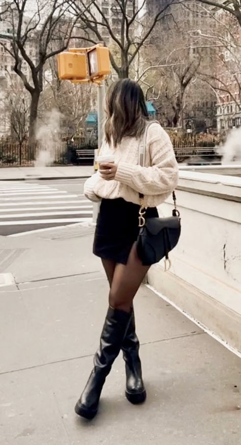 Knee High Boots Midsize, Skirt With Riding Boots Outfit, Long Boots And Skirt Outfit, Skirt And Knee High Boots Outfit, Knee High Boots Outfit Midsize, Chunky Tall Boots Outfit, Skirt Tall Boots Outfit, Skirt And High Boots Outfit, Skirt Sweater Boots Outfit