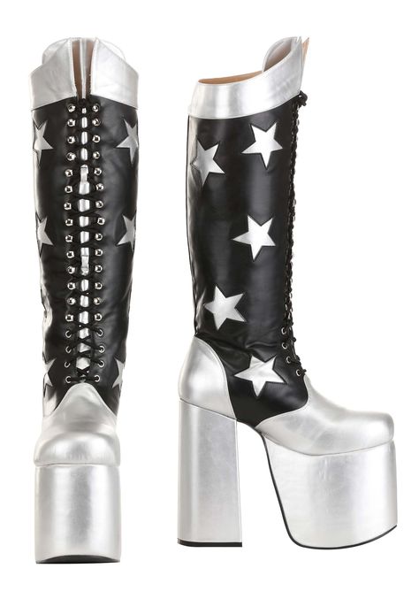 PRICES MAY VARY. Rubber sole All synthetic materials Smooth black vinyl platform boots w/ silver star design Zippers on inside of each boot Lacing and grommets up each boot Exclusively made by us! Officially licensed Get ready to rock and roll, because these officially licensed KISS Starchild Boots give you an authentic look based on the legendary guitar player. These boots are made out of a black vinyl material and feature plenty of silver stars on the sides. They lace up in the front and even Rocker Boots, Dti Theme, Fun Costumes, Costume Boots, Goth Shoes, Silver Platforms, Silver Boots, Oc Inspo, Funky Shoes