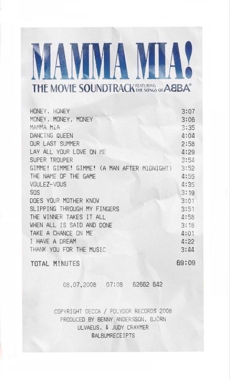 Momma Mia Poster, Mamma Mia Receipt, Mama Mia Lockscreen, Abba Room Decor, Mama Mia Songs, Mamma Mia Sayings, Mama Mia Promposal, Mamamia Inspired Outfits, Mamma Mia Pictures