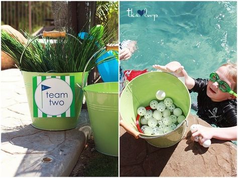 Golf themed party.  Throw plastic golf balls in pool.  2 teams.  Teams fetch the balls one by one and put them in their bucket. Swim Birthday Party, Golf Themed Party, Grass Centerpiece, Pool Party Games, 6th Birthday Party, Swimming Party Ideas, Golf Birthday Party, Pool Beach Party, Swimming Party