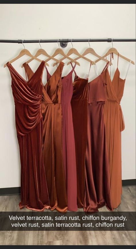 Mismatched Rust Bridesmaid Dresses, Rust Earth Tone Wedding, Terracota Rust Bridesmaid Dress, Fall Color Palette Bridesmaids, Bridesmaids Terracotta Dresses, Similar But Different Bridesmaid Dresses, Rusty Orange Bridesmaid Dresses Fall Wedding, Wine And Rust Wedding Colors, Different Shades Of Burnt Orange Bridesmaids