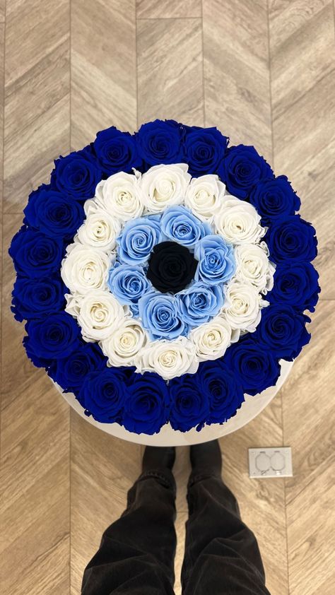 Evil Eye Flower Bouquet, Evil Eye Rose Bouquet, Blue Glitter Roses, Royal Blue Flower Bouquet Quince, Crochet Blue Bouquet Flowers, Forever Flower Bouquets, Satin Flowers Diy, Ribbon Rose Bouquets, Ribbon Flowers Bouquet