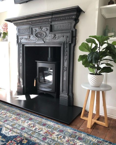 Black Electric Fireplace Mantel, 1910 Fireplace, Fireplace Woodburner, 1920s Fireplace, 1930s Fireplace, Snug Ideas, Hearth Ideas, Black Electric Fireplace, Iron Fireplace