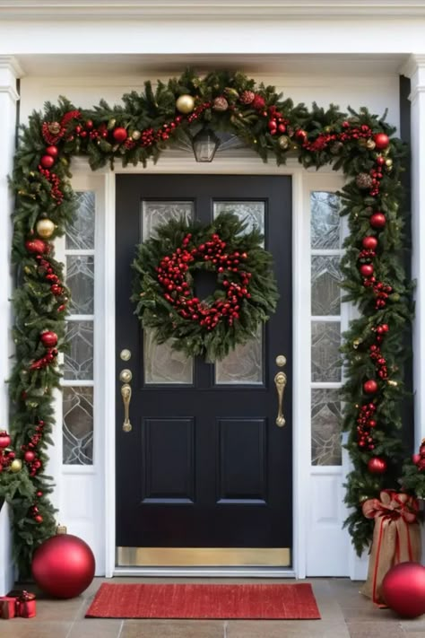 Greet guests with handmade door decorations. Explore creative ideas to dress up your entrance for a joyful holiday welcome. Entry Door Christmas Garland, Main Door Christmas Decor, Christmas Decorations Door Entrance, Front Door Christmas Garland Ideas, Christmas Door Garland Ideas, Door Xmas Decoration, Simple Front Door Christmas Decor, Door Garland Ideas, Christmas Door Diy