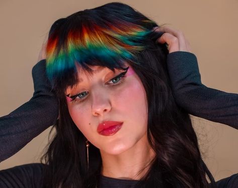 Rainbow Fringe Hair, Color In Bangs, Rainbow Hair Colors, Rainbow Highlights, Rainbow Fringe, Fringe Hair, Rainbow Braids, Gothic Hairstyles, Rainbow Hair Color