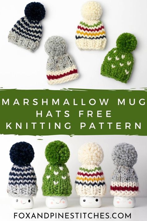 Mug Patterns, Marshmallow Cups, Marshmallow Hats, Christmas Knits, Marshmallow Mug Hats, Christmas Knitting Projects, Knit Christmas Ornaments, Knitted Christmas Decorations, Marshmallow Mugs