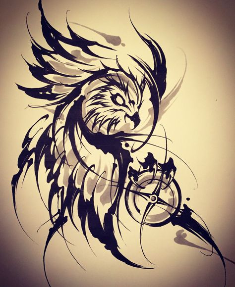 Japanese Brush Strokes Tattoo, Colored Owl Tattoo, Owl Drawing Ideas, Owl Tattoo Drawings, Hawk Tattoo, Amsterdam Tattoo, Petit Tattoo, Kunst Tattoos, Demon Tattoo