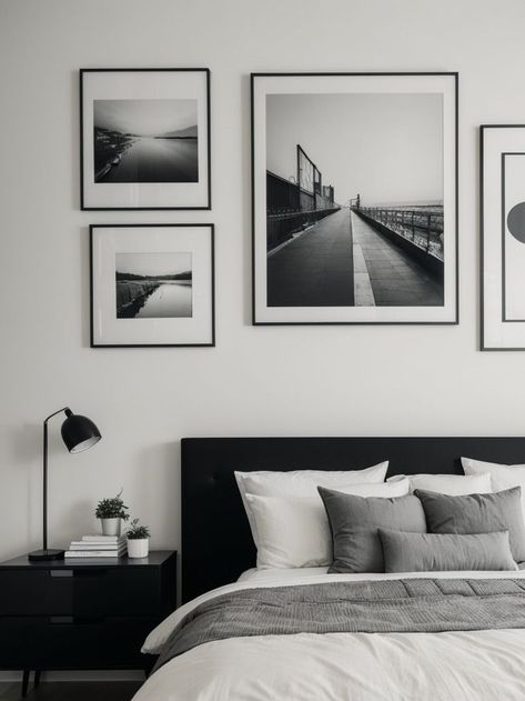 Create an aesthetically pleasing bedroom by adding wall quotes that reflect your style and personality. Combine them with a minimalist bed frame and a gallery wall of black and white photographs for a sleek and modern look. Black And White Mens Bedroom, Minamilist Bedroom, Minimal Room Aesthetic, Aesthetically Pleasing Bedroom, Modern Masculine Bedroom, Bachelor Bedroom, Art Over Bed, Bedroom Art Above Bed, Masculine Wall Art