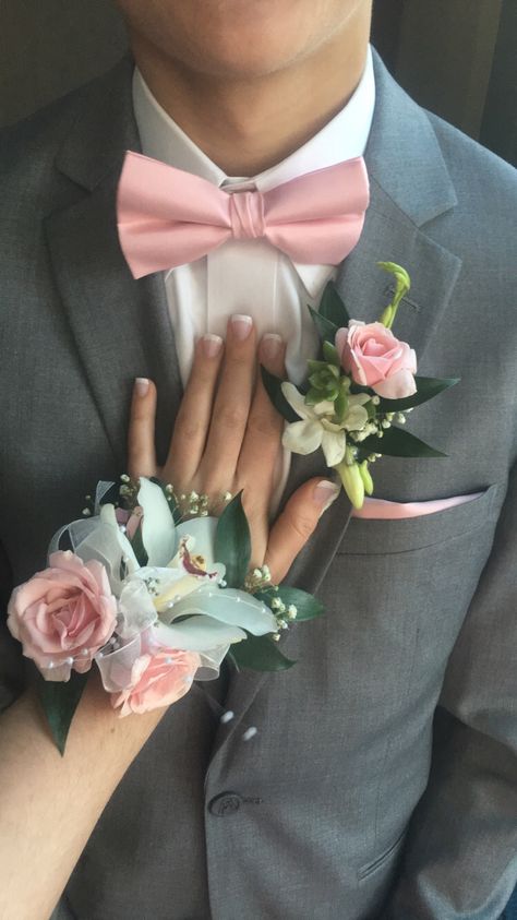 Pink Prom Looks For Guys, Chambelanes Outfits Pink, Quinceanera Court Outfits, Grey Suit Pink Tie, Prom Corsage Pink, Prom Corsage White, Prom Bouquet Ideas, Pink Prom Suit, Guys Prom Outfit