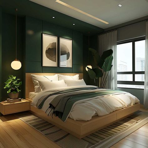 Mastering the Art of Dark Green Interior Design • 333+ Art Images Green Contemporary Bedroom, Dark Green And White Bedroom, Dark Green Interior Design, Apartment Inspiration Bedroom, Bedroom Dark Green, Dark Green Interior, Dark Green Rooms, Inspiration Bedroom Ideas, Arch Wall Mirror