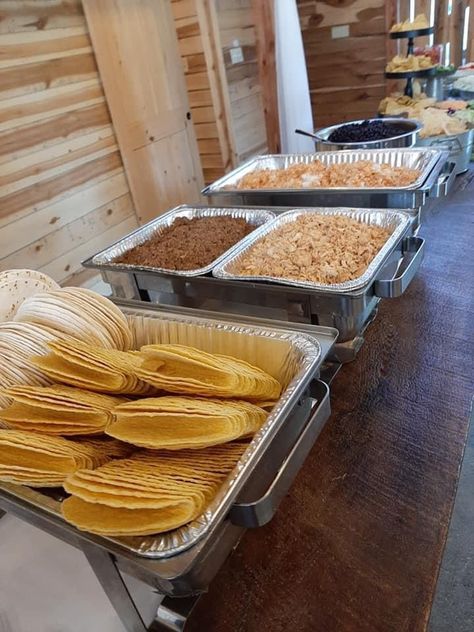 Pavilion Party Food, Food Ideas For Events, Inexpensive Mexican Party Food, Chicken Taco Bar Ideas, Taco Bar Wedding Reception Buffet Food Stations, Large Taco Bar Party, Mexican Buffet Ideas Food Bars Wedding Reception, Make Your Own Taco Bar, Buffet Style Mexican Food