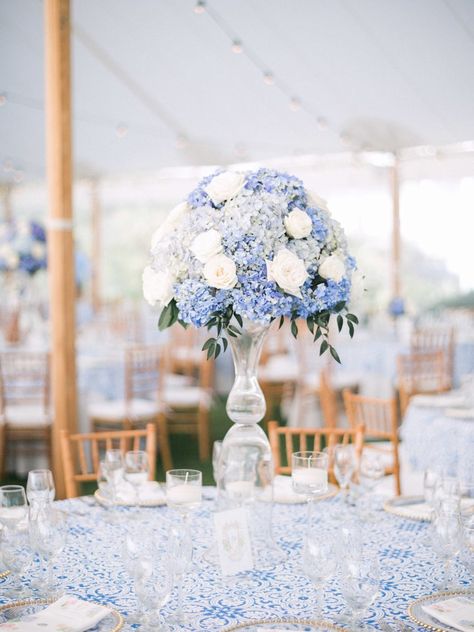 Blue And White Centerpieces, Blue Hydrangea Centerpieces, Hydrangea Centerpiece Wedding, Hydrangea Centerpieces, Wedding Plate Setting, Blue Hydrangea Wedding, White Centerpieces, Blue White Weddings, Green Wedding Flowers