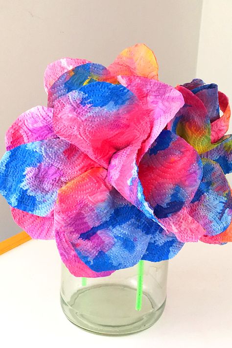 Kids Craft Idea: Drip Painted Paper Towel Flowers Paper Towel Flowers, Paper Towel Crafts, Secondary Colors, Flowers Craft, Spring Decorations, Paper Stuff, Paper Flowers Craft, Art Idea, Fun Craft