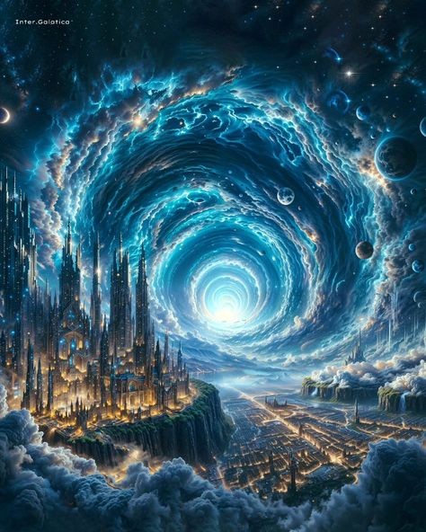 🌌 Portalis: The Multiverse Citadel 🌠 In the celestial city of Portalis, a grand vortex portal pulses with the energies of infinite realities. The city's inhabitants, the Regulators, live in harmony with the portal's power, using advanced technology to facilitate instant travel to alternate dimensions. Portalis is a hub of knowledge and control, where the Regulators work tirelessly to balance the cosmic energetic flow, preventing chaos and maintaining the equilibrium of the multiverse. Their ... Multiverse Art Universe, Anime Alien, Superhero Art Projects, Scifi Artwork, Sci Fi Landscape, Super Powers Art, Floor Wallpaper, Cyberpunk City, Art Gallery Wallpaper