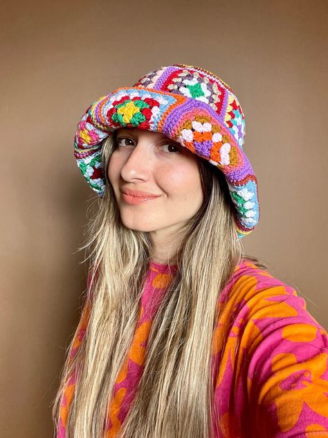 Crochet Granny Square Hat, Granny Square Hat, Crochet Bob, Summer Bucket Hat, Summer Yarn, Colorful Hat, Fabric Flower Brooch, Festival Hat, Crochet Bucket