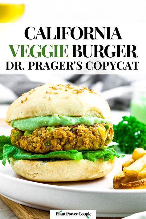 Close up head on photo of a copycat dr prager's burger on a bun with avocado . Text reads: california veggie burger, dr praeger's copycat California Veggie Burger, Dr Praegers Veggie Burger Recipe, Dr Praegers Veggie Burger, Dr Praegers, Pies Savory, Garden Burger, Vegan Grilling Recipes, Vegan Veggie Burger, Burger At Home