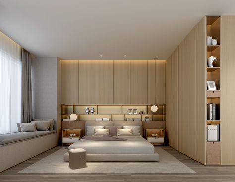 Storage Behind Bed Headboard, Bed Between Wardrobes, Palang Design, Wardrobe Behind Bed, Bedroom With Storage, Sleeping Room Design, Bedroom Built Ins, Small Bedroom Interior, Bedroom Built In Wardrobe