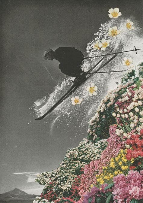 Collage: A work of art created by gluing bits of paper, fabric, scraps, photographs, or other material to a flat surface. Skiing Art, Spring Skiing, Art Du Collage, Collage Kunst, Love Collage, Plakat Design, Foto Art, Mix Media, Arte Pop