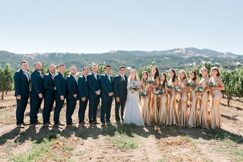 Navy Blue Groomsmen Suits/Sparkly Gold Bridesmaid Dresses Blue Groomsmen And Champagne Bridesmaids, Navy And Gold Bridal Party, Gold Bridesmaid Dresses With Navy Suits, Bridesmaid Dresses Navy Suits, Gold Bridesmaids Navy Groomsmen, Gold And Navy Bridesmaid Dresses, Champagne Bridesmaid Dresses And Navy Suits, 8 Bridesmaids 8 Groomsmen, Champagne Bridesmaid Navy Groomsmen