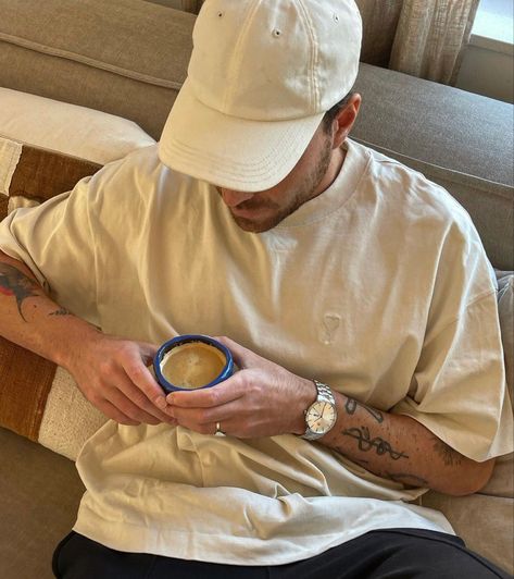 Men’s fashion, inspiration, outfit, style, all white, white oversized t-shirt, white cap, coffee White Cap Outfit Men, White Cap Outfit, Cap Outfit Men, Cap Outfit, Cap Men, White Caps, Outfit Style, Oversized T Shirt, White White