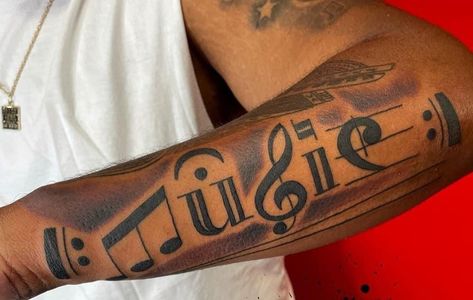 Piano Tattoo Ideas For Men, Starter Tattoos Ideas Women, Music Arm Tattoo, Highly Favored Tattoo, Music Sheet Tattoo, Music Sleeve Tattoo, Arm Tattoos Music, Music Tattoo Ideas For Men, Boombox Tattoo