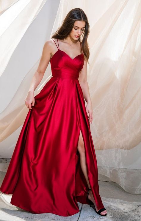 Red Satin Dress Classy, Julie Baker, Red Satin Prom Dress, Cold Shoulder Gown, Cinderella Dresses, Pleated Bodice, Tea Rose, Chiffon Gown, Black Tie Event