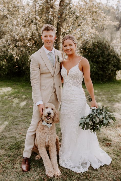 Tan Tuxedos For Wedding, Tan Suit Sage Tie, Tan Tux With Sage Green, Tan Suits With Sage Green, Groom With Tan Suit, Tan Suit Wedding Sage Green, Tan Suit For Wedding, Light Tan Groom Suit, Brunch Wedding Groom Attire