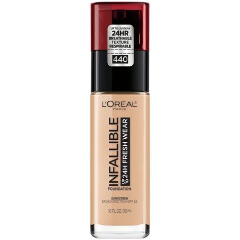 L'Oreal Paris Infallible Fresh Wear 24 Hr Liquid Foundation Makeup, 440 Natural, 1 oz - Walmart.com Base Loreal, Infallible Foundation, Loreal Paris Makeup, Infallible Pro Matte, Make Up Foundation, Make Up Cosmetics, Waterproof Foundation, Foundation With Spf, Loreal Infallible