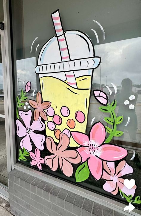 Coffee Window Art, Window Murals Ideas, Coffee Shop Window Art, Window Painting Ideas Diy, Easy Window Painting Ideas, Summer Window Painting, Boba Store, Window Painting Ideas, Painted Window Art