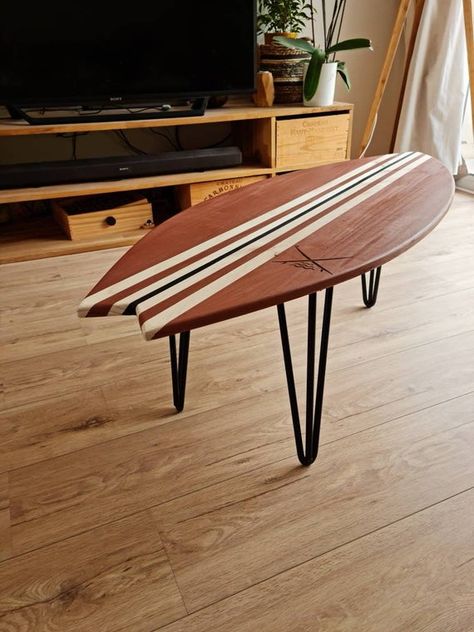 Surfboard Table, Surf Room Decor, Fish Surfboard, Surfboard Coffee Table, Surf Room, Surfboard Decor, Table Handmade, Wooden Fish, Diy Coffee Table