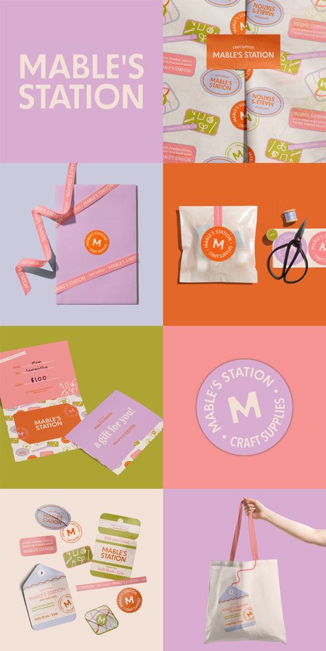 Mabel's Station Craft Store | Branding, Logo Branding And Packaging Design, Branding Ideas Marketing, Color Brand Palette, Colorful Brand Palette, Colorful Playful Branding, Funky Brand Design, Small Business Branding Ideas, Jewel Branding, Sticker Packaging Ideas