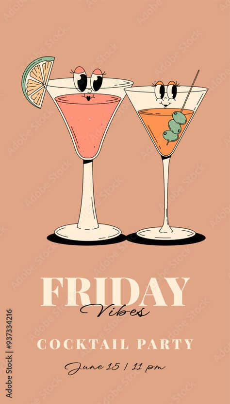 Retro Groovy Party Invitation. Funky cocktail characters cosmopolitan and martini. Vintage Friday vibes. Summer vector vertical poster Cocktail Vector Illustrations, Cocktails Vector, Groovy Party, Summer Vector, Cocktail Illustration, Friday Vibes, Vertical Poster, Retro Groovy, Mocktails