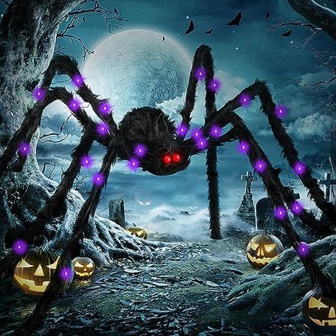 Halloween Decoration Spider 60 Inch Light Up Giant Big Spider Web for Indoor Outdoor Halloween Decoration Garden Home Haunted House Decoration (2Pack) Color Black Brand Anerbili Theme Halloween Item Dimensions LxWxH 59 x 59 x 59 inches Light Color Purple Home Haunted House, Big Spiders, Purple Lights, Halloween Spider Decorations, Spider Decorations, Haunted House Decorations, Giant Spider, Web Colors, Christmas Village Houses