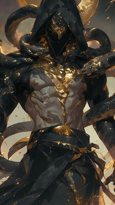 Snake Character Design Male, Clan Ideas, Snake Demon, Snake God, Snake Man, Tattoo Character, Golden Demon, Dark Sun, Characters Inspiration