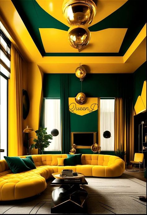 Emerald Green Walls, Yellow Couch, Classy Living Room, Theater Design, Green Walls, Home Theater Design, Interior Deco, Exterior Decor, Yellow And Green