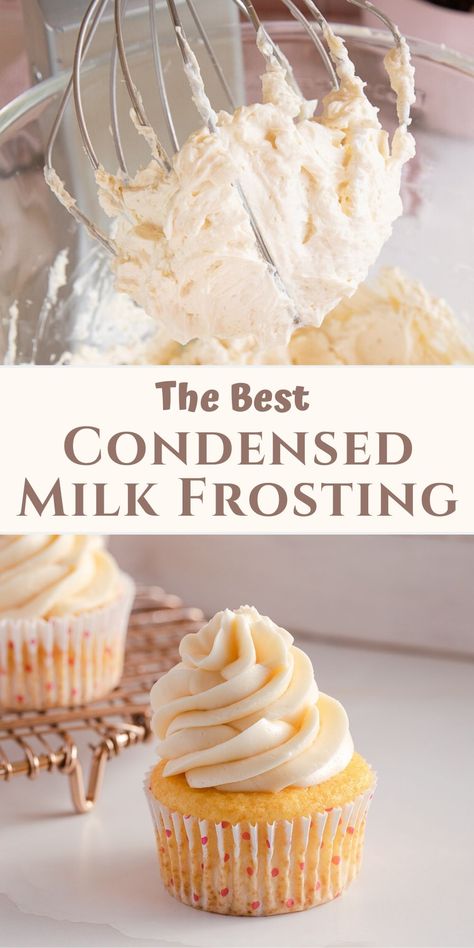 Also known as Russian buttercream frosting, this easy sweetened condensed milk frosting uses only butter and sweetened condensed milk and can be made in 15 minutes! Sweetened Condensed Milk Frosting, Condensed Milk Frosting, Russian Buttercream, Milk Frosting, Sweetened Condensed Milk Recipes, Frosting Recipes Easy, Cake Frosting Recipe, Condensed Milk Recipes, Slow Cooker Desserts