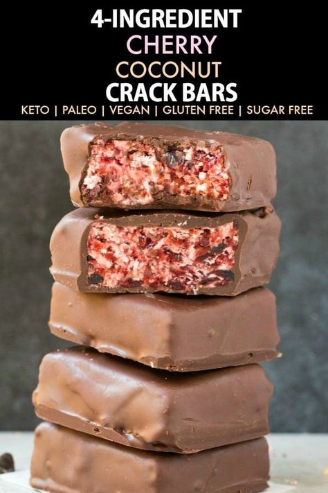 No Bake Chocolate Cherry Coconut Crack Bars (Keto, Paleo, Vegan, Sugar Free)- An easy 4-ingredient recipe for cherry coconut bars and ready in minutes- A cherry coconut filling covered in healthy chocolate- The perfect low carb no bake dessert! #nobake #ketorecipe #ketodessert #lowcarb #sugarfree | Recipe on thebigmansworld.com Cherry Coconut Bars, Coconut Filling, 4 Ingredient Recipes, Cherry Coconut, Postre Keto, Coconut Bars, Vegan Sugar, No Bake Snacks, Bake Dessert