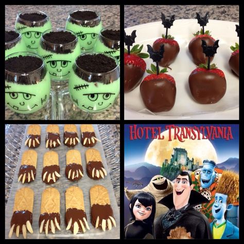 Hotel Transylvania dinner night: Frankenstein pistachio pudding cups topped with Oreo, Mavis's suitcases (chocolate dipped strawberries), Werewolf claws (peanut butter chocolate dipped cookies with almonds). Hotel Transylvania Themed Food, Hotel Transylvania Food, Hotel Transylvania Movie Night Food, Hotel Transylvania Dinner And Movie, Hotel Transylvania Party Food, Hotel Transylvania Dinner, Hotel Transylvania Movie Night, Werewolf Claws, Cookies With Almonds