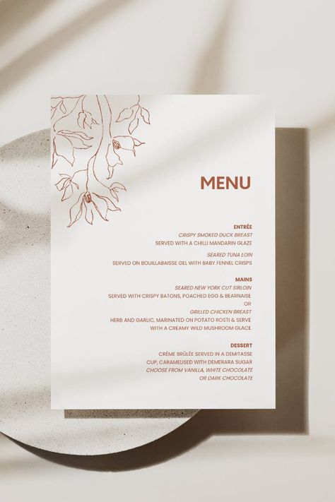 Fashionably showcase the mouth-watering delicacies you are providing your guests using this chic wedding menu card from our minimal Kim collection. Our editable templates make it quick and easy for brides to acquire wedding stationery that is elegant, refined, and budget-friendly. Purchase, edit, and print within minutes using the Templett app - a user-friendly editing software that opens directly in your web browser. FILE INCLUDED Menu - 5" x 7" (127 x 177mm) HOW IT WORKS Look for an email from Minimal Menu Design, Simple Menu Design, Catering Menu Design, Wedding Menu Design, Wedding Stationary Design, Wedding Menus Design, Wedding Food Menu, Menu Design Inspiration, Menu Card Design