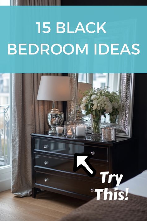 See how to create a dark feminine, black bedroom aesthetic with these tips and ideas. How To Style Black Bedroom Furniture, Black Bedding Room Ideas, Black Furniture Bedroom Aesthetic, Black Bedroom Furniture Decor Ideas, Black Bedframe Bedroom Ideas, Black Furniture Bedroom, Black Headboard Bedroom, Ivory Bedroom, Black Bedroom Aesthetic