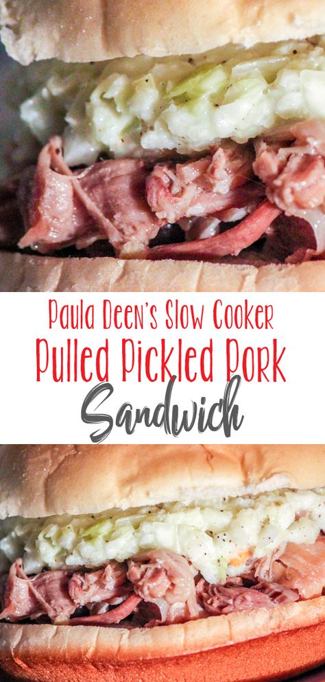 Juicy, tender pork pickled and slow cooked to perfection, topped with a creamy coleslaw and served on a toasted bun. Paula Deen’s Slow Cooker Pulled Pickled Pork Sandwiches is an oldie but a goodie. Pickle Pork Recipe, Pickled Pork, Divine Recipes, Pork Barbecue, Bbq Pork Sandwiches, Barbecue Recipe, Bbq Pulled Pork Sandwiches, Sandwich Wraps Recipes, Best Pork Recipe