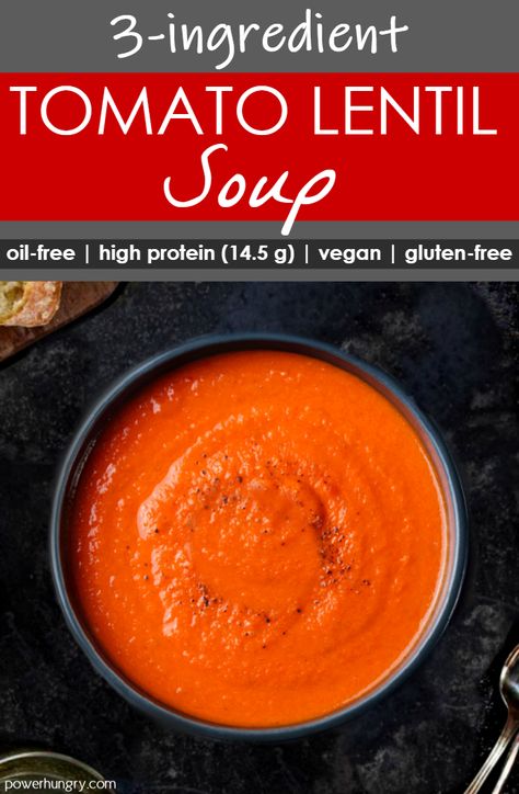 Easy, delicious, 3-Ingredient tomato lentil soup, with 14.5 g protein & only 135 calories per serving! It is vegan, oil-free, & gluten-free. #oilfree #grainfree #glutenfree #vegan #lentils #tomatosoup #lentilsoup #highprotein #plantprotein #cleaneating #cleaneats #highfiber #fitnessfood #3ingredients #3ingredientsoup #easyrecipe #3ingredientmeal Lentil Tomato Soup, Tomato Lentil Soup, Tomato Lentils, Healthy Winter Meals, Vegan Lentil Soup, Homemade Soup Recipe, Soup Vegan, Lentil Soup Recipes, 3 Ingredient Recipes