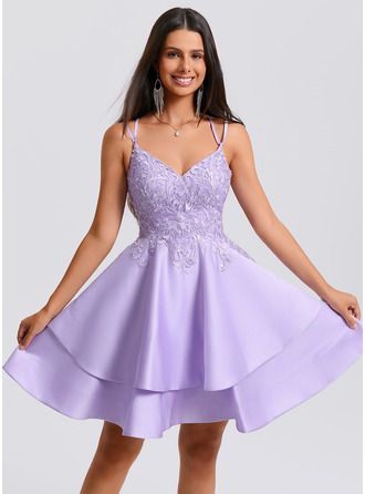 JJ's House Appliques Lace Satin V-Neck Fall Spring Summer A-line General Plus Crossed Straps Elegant Beautiful Back Lilac Height:5.8ft（176cm） Bust:32in（82cm）Waist:24in（61cm）Hips:35in（89cm） No Short Purple Sleeveless Homecoming Dress. #JJ's House #AppliquesLace #Satin #VNeck #Fall #Spring #Summer #Aline #General #Plus #CrossedStraps #Elegant #BeautifulBack #Lilac #No #Short #Purple #Sleeveless #HomecomingDress Purple Flowy Homecoming Dresses, Lilac Dresses Short, Loose Homecoming Dresses, Purple Formal Dress Short, Light Purple Hoco Dress Flowy, Purple Mini Dress For Wedding And Prom Season, Grade 8 Grad Dresses Short Light Purple, Light Purple Dress Short, Homecoming Dresses Purple