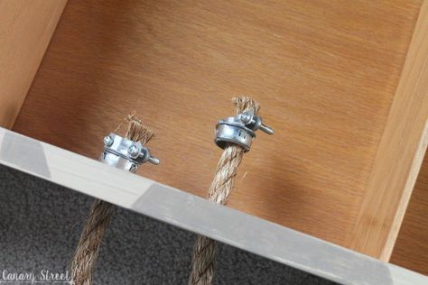 A simple trick to attach rope handles to furniture. www.canarystreetcrafts.com Nautical Nursery Boy, Wooden Lantern, Rope Pulls, Tie A Knot, Wooden Lanterns, Nautical Rope, Nautical Nursery, Weekend Projects, Upcycle Projects