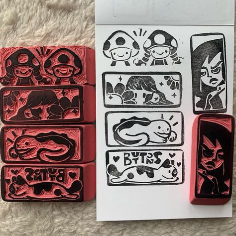 Eraser Stamp Art, Eraser Stamps Diy, Cute Lino Prints, Small Stamp Ideas, Eraser Block Print, Stamp Making Ideas, Pink Eraser Stamp, Linocut Eraser, Eraser Printmaking