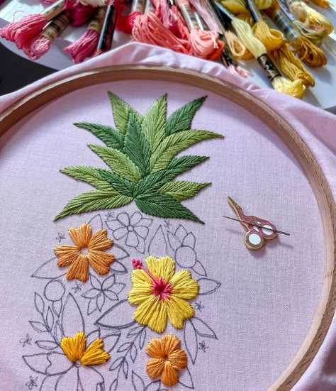 Just a girl, her 6 strands of embroidery floss, and her floral pineapple against the world 😌 Anyways, we’re trying to figure out what color the leaves in the body of the pineapple will be. Drop your suggestions below. I’ve gotten everything from green to pink to blue. It could go any direction at this point 🤔 Pineapple Embroidery, Cross Stitch Crochet, Stitch Crochet, Embroidery Cross Stitch, Embroidery Cross, Brick Stitch, Embroidery Floss, May 22, Embroidery Art