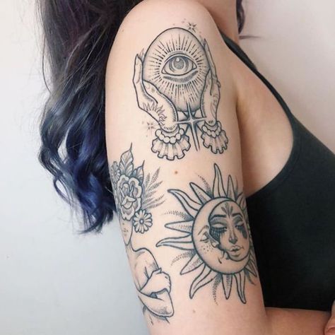 Find Less Tattoo, Metaphysical Tattoos Spiritual, Outer Bicep Tattoos For Women, Spaced Out Sleeve Tattoo, Hippie Tattoo Ideas, Aesthetic Tattoo Ideas, Healed Tattoo, 15 Aesthetic, Nerdy Tattoos